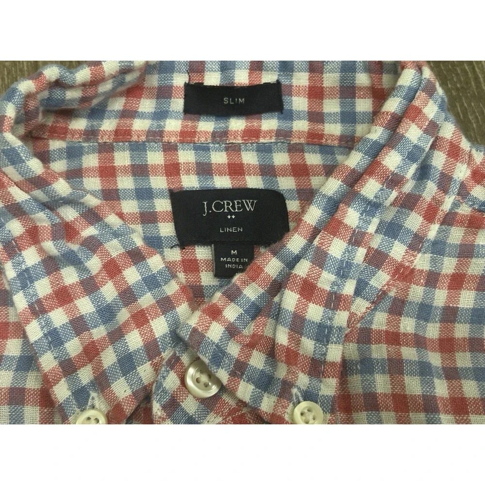 J Crew Linen Shirt Men’s Medium Red White Blue Gingham Button Down Slim